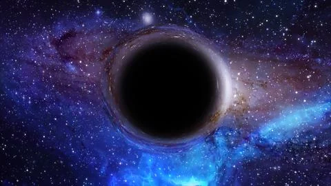 3D rendering of a supermassive black hole against a starry sky Stock Illustration