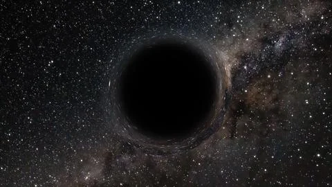 3D rendering of a supermassive black hole against a starry sky Illustrazione stock