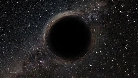 3D rendering of a supermassive black hole against a starry sky Stock Illustration