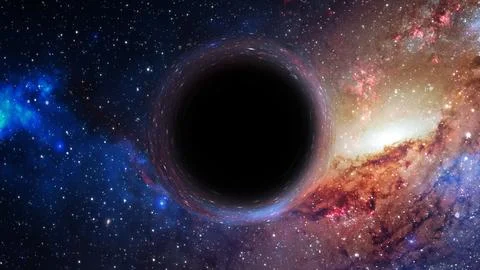 3D rendering of a supermassive black hole against a starry sky Stock Illustration