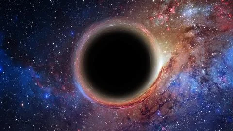3D rendering of a supermassive black hole against a starry sky Stockillustratie