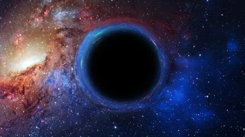 3D rendering of a supermassive black hole against a starry sky Illustrazione stock