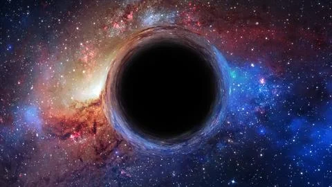 3D rendering of a supermassive black hole against a starry sky Stock Illustration