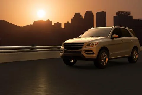 3D rendering of a SUV on motion with the silhouette of Hong Kong skyline Ilustración de archivo