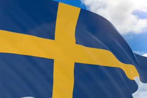 3D rendering of Sweden flag waving on blue sky background Stock Illustration