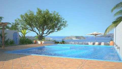 3d rendering of a swimming pool with sea view 스톡 일러스트