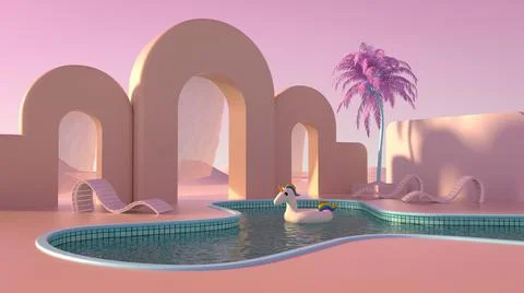 3d rendering of a swimming pool under the pink sky Stock Illustration