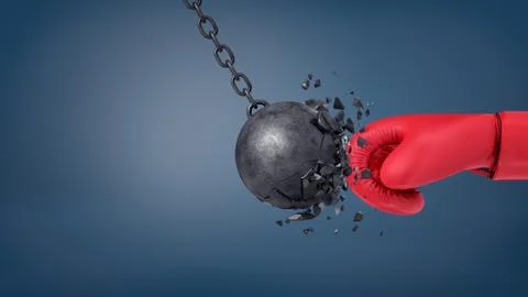 3d rendering of swinging wrecking ball crashes when collides with a huge red Stock Illustration