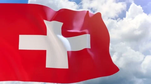 3D rendering of Switzerland flag waving on blue sky background Stock Footage 81509224