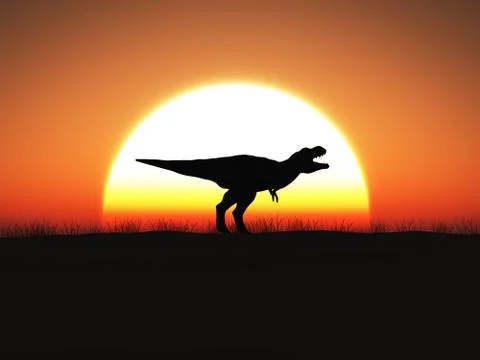 3D rendering of a T. rex dinosaur standing against a big sun at sunset. Stock Illustration