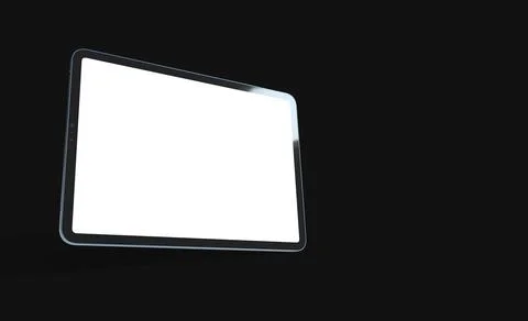 A 3D rendering of a tablet with a luminous white screen on an isolated black  Foto stock