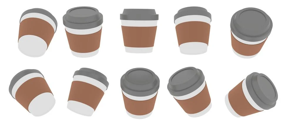 3D Rendering take away cup in many views rotate in different angles isolate.. Illustrazione stock
