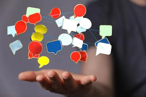 3d rendering of Talk bubble speech icon. Hand holding blank in hand Stockfoto's