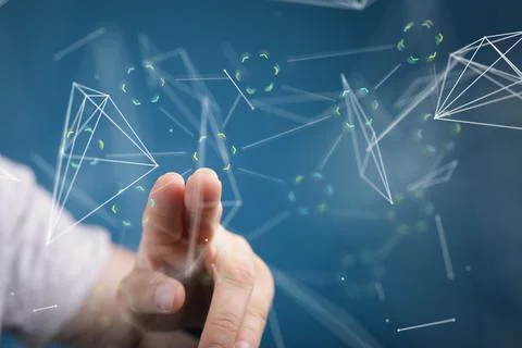 3d rendering of tech network data near a hand 写真素材