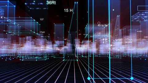 3D Rendering technological digital background consisting of a futuristic city Stockfoto's