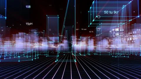 3D Rendering technological digital background consisting of a futuristic city Stockfoto's