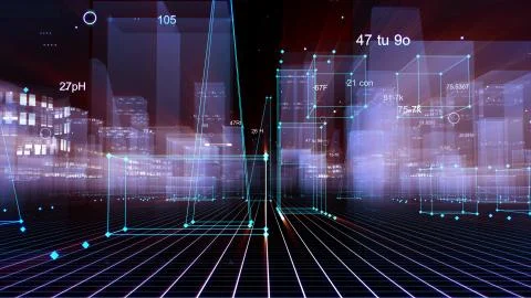 3D Rendering technological digital background consisting of a futuristic city Stockfoto's