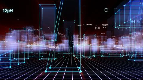 3D Rendering technological digital background consisting of a futuristic city Stockfoto's