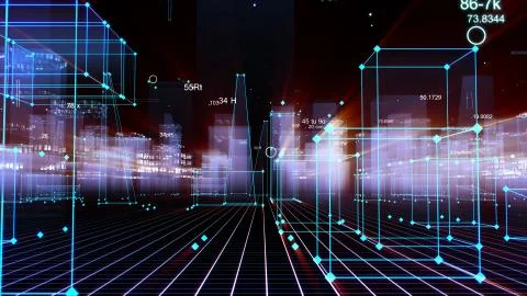 3D Rendering technological digital background consisting of a futuristic city 库存照片