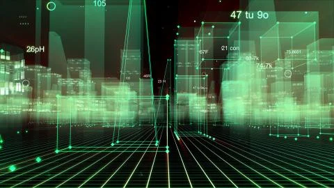 3D Rendering technological digital background consisting of a futuristic city Stockfoto's