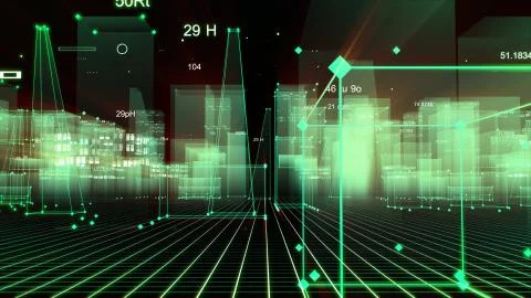 3D Rendering technological digital background consisting of a futuristic city Stockfoto's