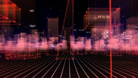 3D Rendering technological digital background consisting of a futuristic city Stockfoto's