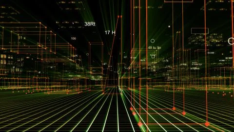 3D Rendering technological digital background consisting of a futuristic city Stockfoto's