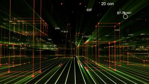 3D Rendering technological digital background consisting of a futuristic city Stockfoto's