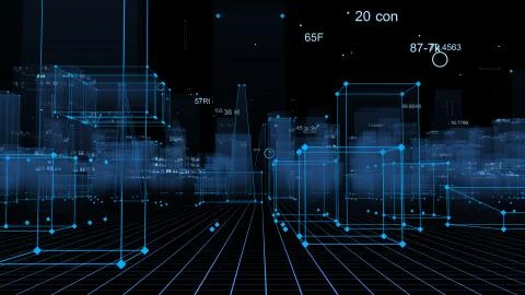 3D Rendering technological digital background consisting of a futuristic city Stockfoto's