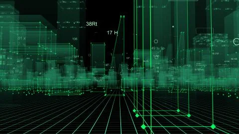 3D Rendering technological digital background consisting of a futuristic city Stockfoto's
