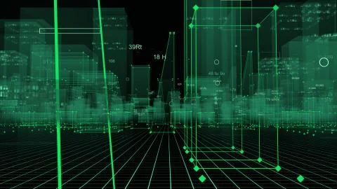 3D Rendering technological digital background consisting of a futuristic city Stockfoto's