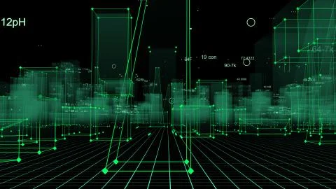 3D Rendering technological digital background consisting of a futuristic city Stockfoto's