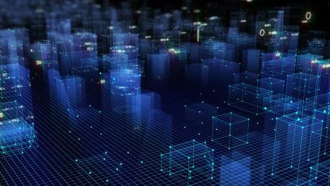 3D Rendering technological digital background consisting of a futuristic city Stockfoto's