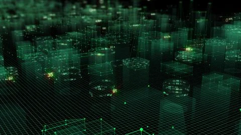 3D Rendering technological digital background consisting of a futuristic city Stockfoto's