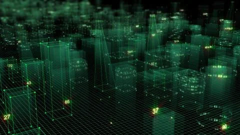 3D Rendering technological digital background consisting of a futuristic city Stockfoto's