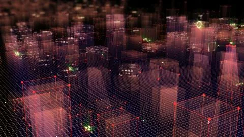 3D Rendering technological digital background consisting of a futuristic city Stockfoto's