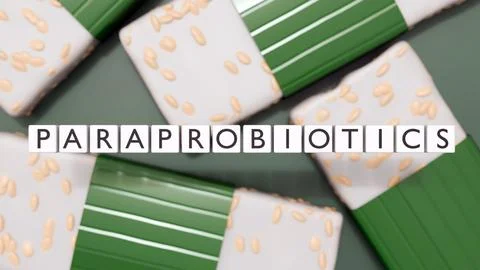 A 3d rendering of tempeh and the word "PARAPROBIOTICS" Illustrazione stock