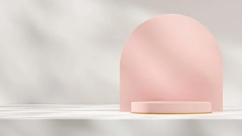 3d rendering template mockup of pink podium with arch backdrop and white wall Illustrazione stock