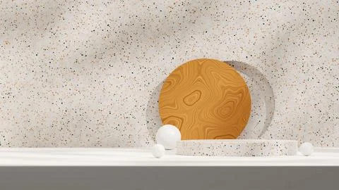 3d rendering of terrazzo texture podium and wooden backdrop in circle mockup tem Stock Illustration