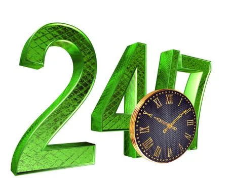 3d rendering. Text 24 hours 7 days with a gold watch on a white background Stock Photos