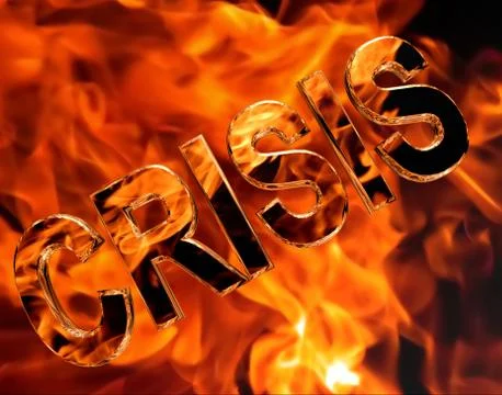 3d rendering. Text crisis on a fiery background Stock Photos