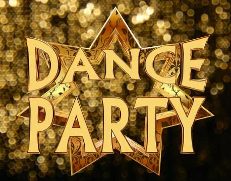 3d rendering. Text dance party on a golden star on a brilliant background Stock Illustration