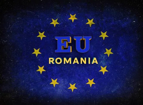 3D rendering of the text "EU Romania" on the Flag of Europe Stock-Illustration