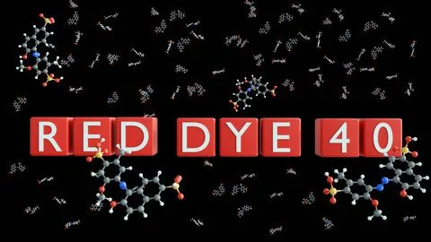A 3D rendering of text "RED DYE 40" on a row of red blocks. Stock Illustration