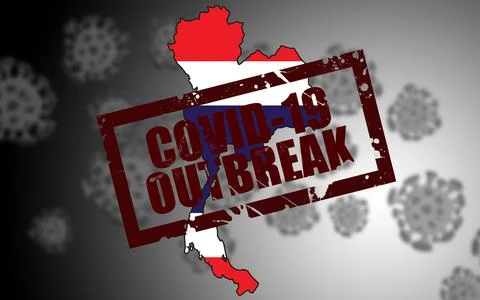 3D rendering of Thailand map and flag with an outbreak stamp Stock Illustration