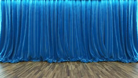 3d rendering theater stage with blue curtain and wooden floor Stock Illustration