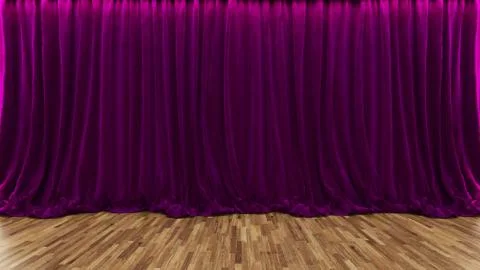 3d rendering theater stage with purple curtain and wooden floor Stock Illustration