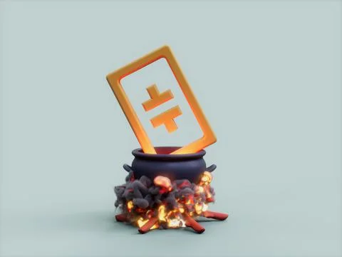 3D rendering of a THETA coin in the cauldron on the fire Stock Illustration
