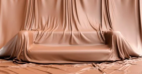 3d rendering. Thick brown fabric covers furniture in a room or studio. Illust Stock Illustration