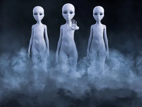 3D rendering of three aliens appearing in smoke. Stock Illustration